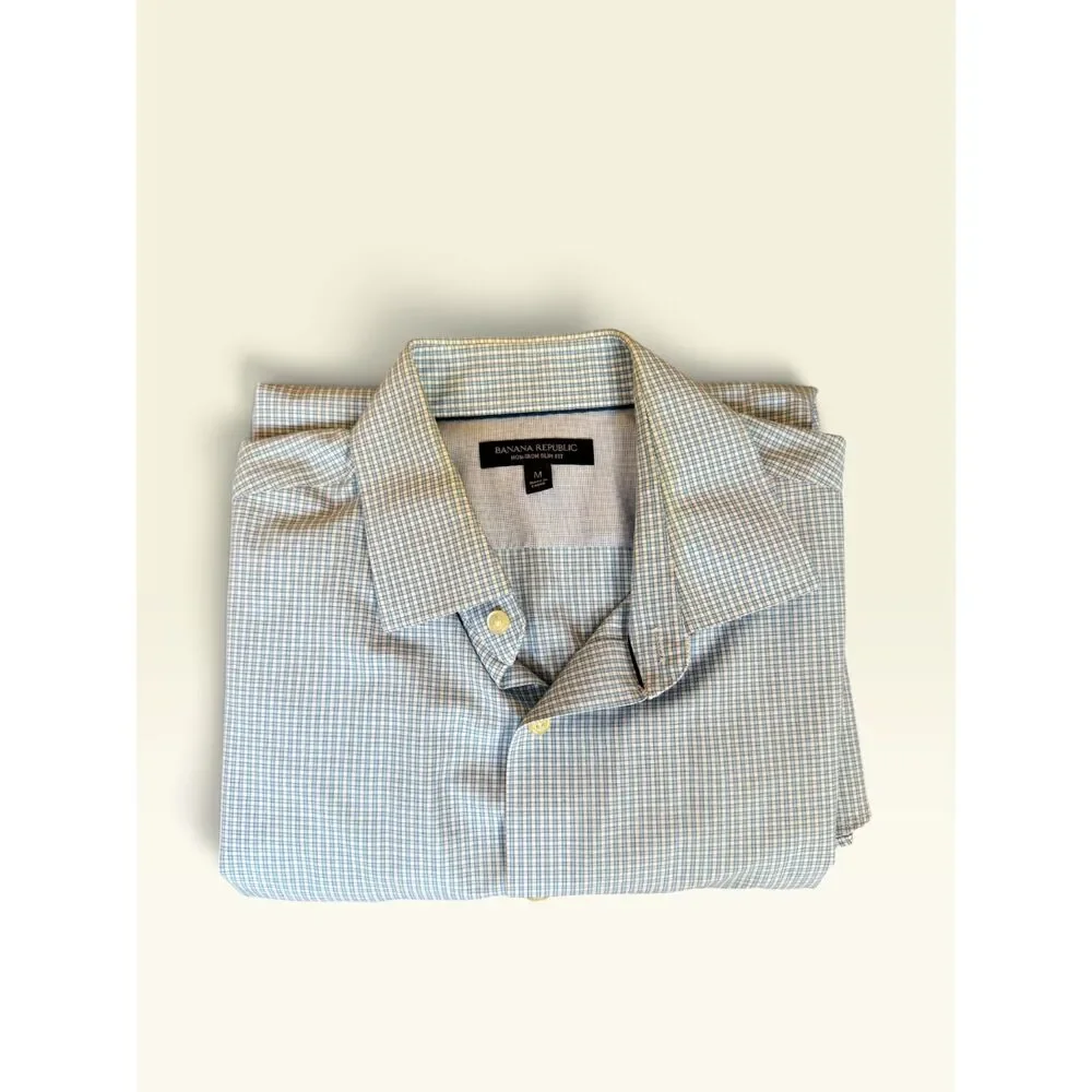Banana Republic Men's M 15-15.5 Non-Iron Slim Fit Blue Check Dress Shirt